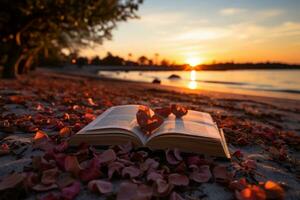 AI generated Open book on sunset at the beach photo
