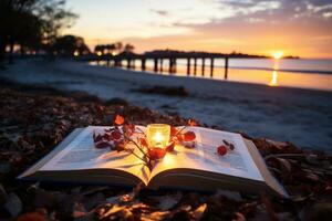 AI generated book and candles on the beach photo