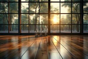 AI generated Wooden floor room at sunset photo