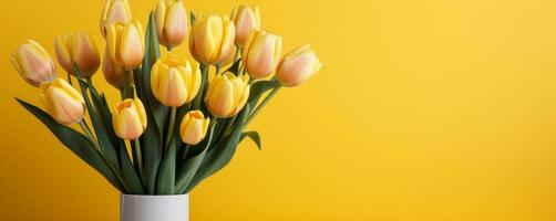 AI generated yellow tulips in a white vase on a yellow background. photo