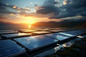 AI generated Solar panels with sunset in the background photo