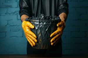 AI generated A cleaner is holding a garbage dustbin photo