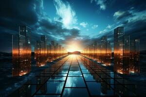 AI generated A futuristic digital city with solar panels photo