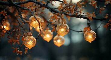 AI generated Christmas lights on the tree branches photo