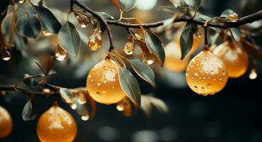AI generated Gold glowing lights on the tree branches photo