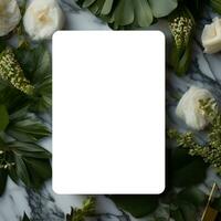 AI generated An empty card mockup behind the leaves and flower photo