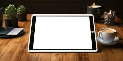 AI generated tablet white screen on a wooden desk with coffee photo