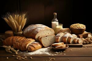 AI generated The bread and a wheat on the wooden desk. photo