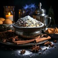 AI generated Star anise and cinnamon sticks on a wooden background. photo