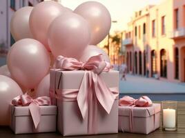 AI generated Pink gift box and balloons photo