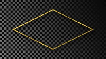 Gold glowing rhombus shape frame with shadow isolated on dark background. Shiny frame with glowing effects. Vector illustration.