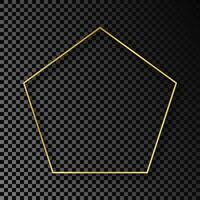 Gold glowing pentagon shape frame with shadow isolated on dark background. Shiny frame with glowing effects. Vector illustration.