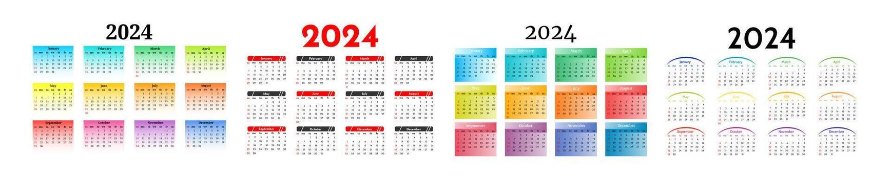 conjunto de cuatro calendarios para 2024 aislado en un blanco antecedentes. domingo a lunes, negocio modelo. vector ilustración