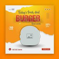 Delicious burger and food menu social media post Design with orange color shape and white background vector