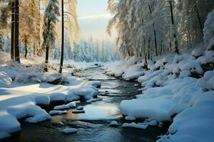 ai generado fabuloso invierno paisaje, un sereno congelado río rodeado por conífero bosque foto