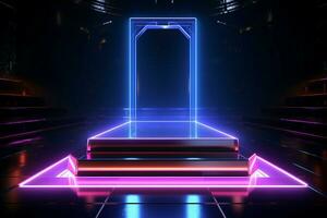 AI generated Technological allure Metallic podium bathed in neon lights for product promotion photo