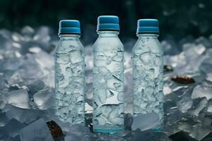 AI generated Cooling concept Water bottle displayed on a background of ice cubes photo