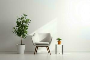 ai generado minimalista interior silla, lámpara, verde planta en contra blanco fondo foto