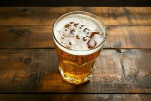 AI generated Beer presentation Top view of glass on wooden background photo