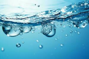 ai generado burbujas y brillante agua en un sereno azul agua antecedentes foto