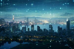 AI generated City of the future Cyber digital lines define urban topography photo