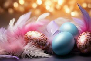 ai generado alegre Pascua de Resurrección diseño huevos, plumas, Brillantina en un tranquilo antecedentes foto