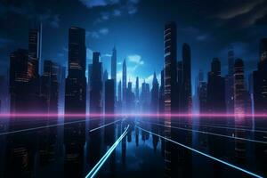 AI generated Intriguing 3D illustration a futuristic cyber cityscape illuminated in darkness photo