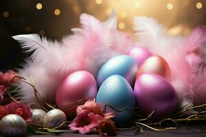 AI generated Holiday bliss Enchanting Easter scene with eggs, feathers, and glitter photo