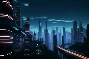 AI generated Intriguing 3D illustration a futuristic cyber cityscape illuminated in darkness photo