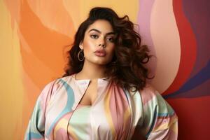 AI generated A female plus size model in front of a pastel colored background. AI generated photo