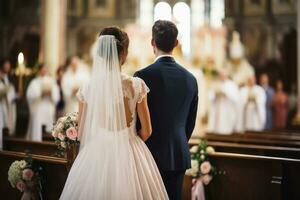 AI generated A bride and groom at the altar of a church during the wedding ceremony. AI generated photo