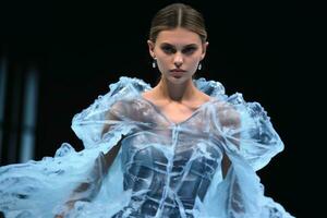 AI generated A fashion model in a dress made of frozen water and ice. AI generated photo