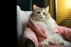 AI generated Pet resort banner Cat enjoys spa day on plush armchair photo