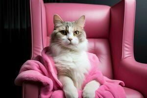 ai generado gato salones en rosado Sillón mascotas spa, aseo, último relajación foto