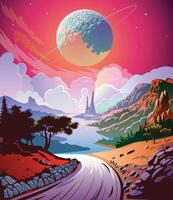 fantastic scenery on exo planet style poster book graphics 60s vector