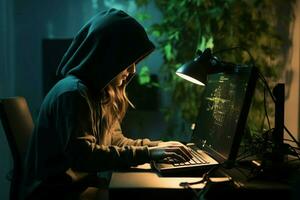 AI generated Intense cyber scenario Female hacker plants trojan, executes cyberattacks, identity theft photo