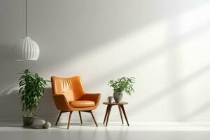 ai generado elegante interior elementos silla, lámpara, planta en blanco antecedentes foto