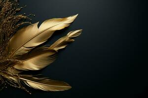 AI generated Fashion backdrop Template with golden feathers on black, copy space photo