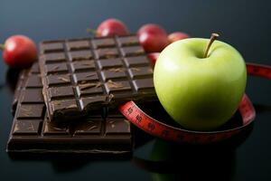 AI generated Choose wisely Apple and chocolate, symbolizing health and indulgence photo