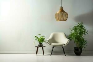 AI generated Elegance in simplicity Chair, lamp, green plant on white backdrop photo