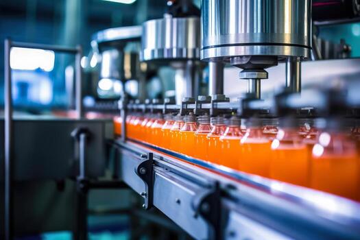 AI generated Conveyor belt , Beverage factory of fruit juice product for processing and bottling , AI Generative photo