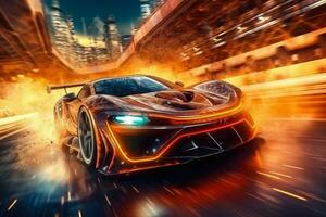 AI generated Sport Car Raceing on race track , Car drifting burning tires on speed track , AI Generative photo