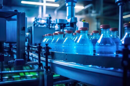 AI generated Conveyor belt , Beverage factory of fruit juice product for processing and bottling , AI Generative photo