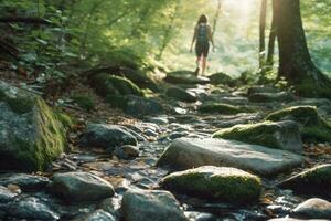 AI generated Close up a person's feet walking on rocks , Walking on a trail in the woods , Travel Concept, Ai generative photo