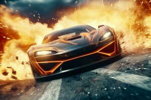 AI generated Sport Car Raceing on race track , Car drifting burning tires on speed track , AI Generative photo