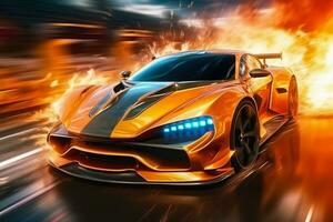 AI generated Sport Car Raceing on race track , Car drifting burning tires on speed track , AI Generative photo