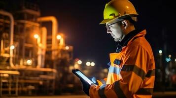 AI generated Engineering working hold smart tablet in the oil and gas industry at night , fuel and power generation, Petrochemical factory industry background , Ai generative photo