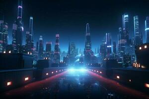 AI generated Glowing 3D scene Cyberpunk night cityscape, epitome of future aesthetics photo