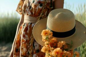 ai generado verano estilo cerca arriba mujer con rota bolso y Paja sombrero foto