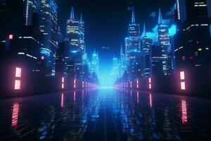 AI generated Immersive 3D cyberpunk concept Futuristic cityscape with vibrant light dynamics photo